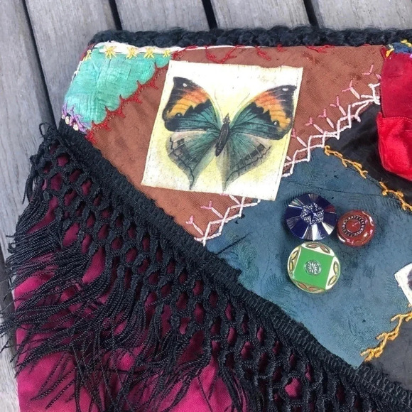 Vintage Boho Art to Wear Hand Crafted Patchwork Butterfly Evening Bag - Picture 3 of 6